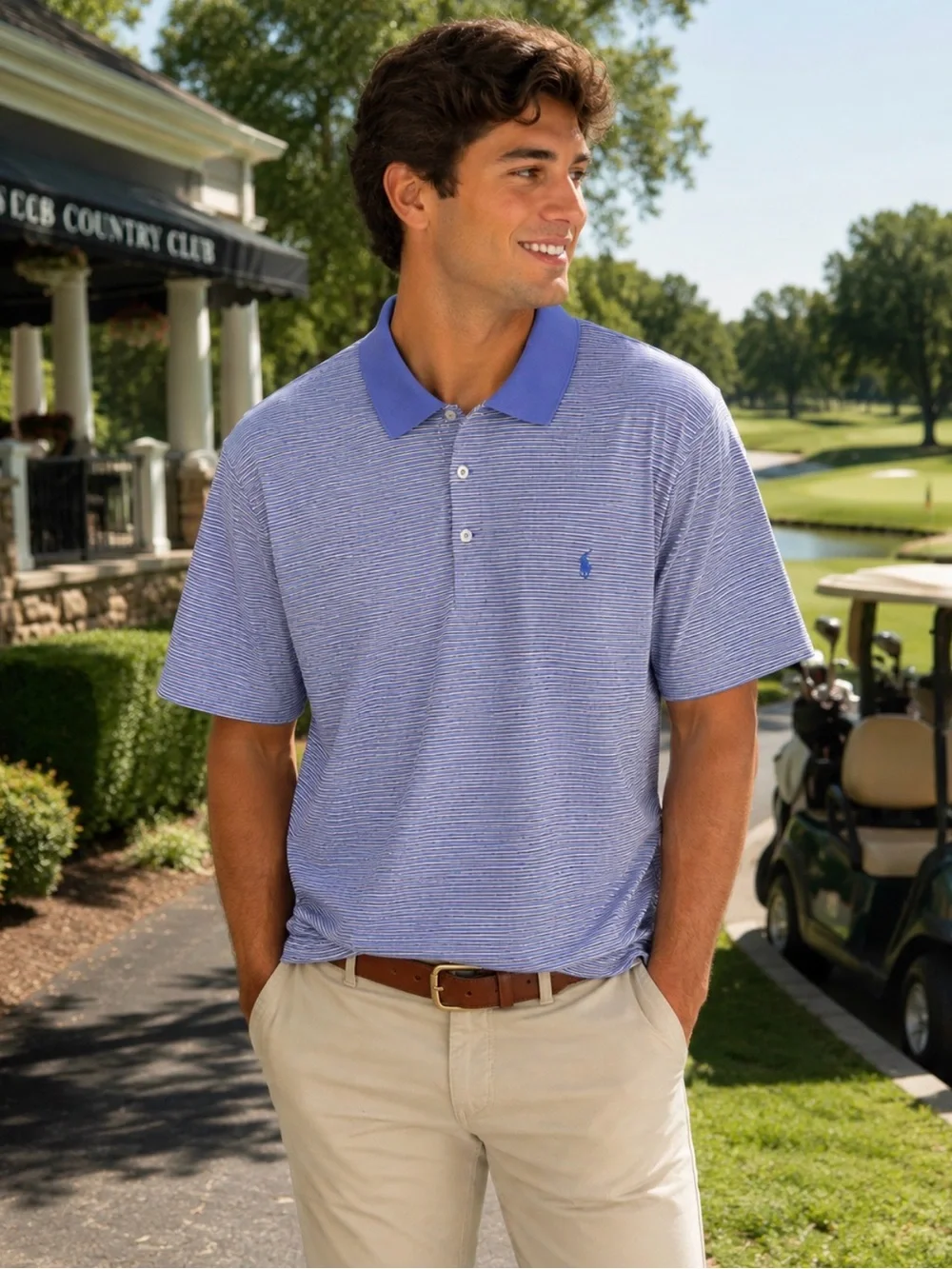 Ralph Lauren Light Blue Striped Polo with Solid Blue Collar